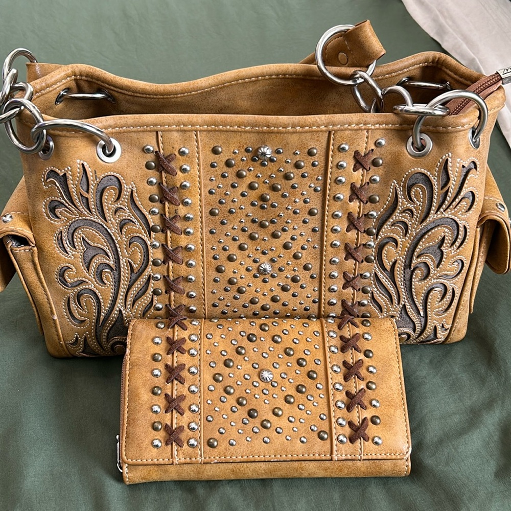 Montana West shoulder bag & matching wallet. Mustard color.